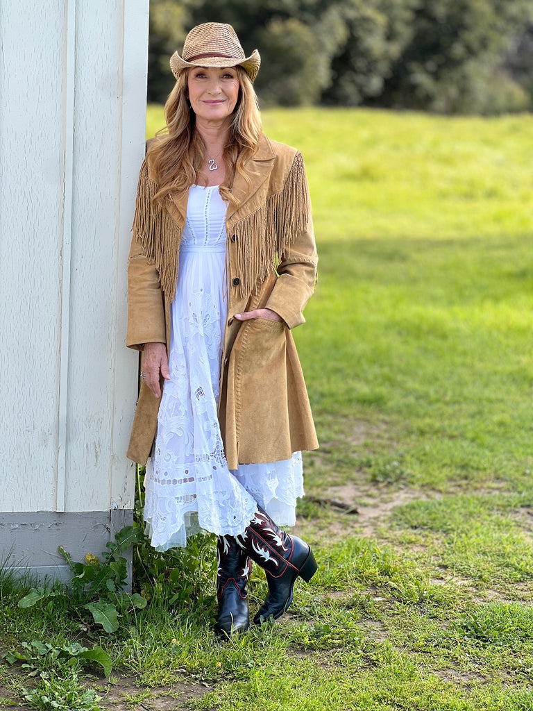 Jane Seymour wearing The Open Hearts Boots in front of the church on the set of Dr. Quinn Medicine Woman 